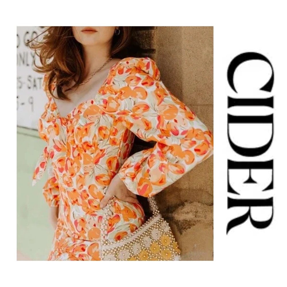 Cider Orange White Floral Long Balloon Sleeve Babydoll Mini Dress Size M NWT